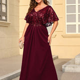 ever KIRA|Robe de soirée formelle à col en V avec manches cape et détails en sequins