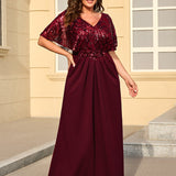 ever KIRA|Robe de soirée formelle à col en V avec manches cape et détails en sequins