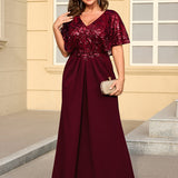 ever KIRA|Robe de soirée formelle à col en V avec manches cape et détails en sequins