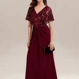 ever KIRA|Robe de soirée formelle à col en V avec manches cape et détails en sequins