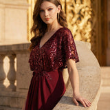 ever KIRA|Robe de soirée formelle à col en V avec manches cape et détails en sequins