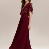 ever KIRA|Robe de soirée formelle à col en V avec manches cape et détails en sequins