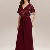 ever KIRA|Robe de soirée formelle à col en V avec manches cape et détails en sequins