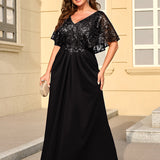 ever KIRA|Robe de soirée formelle à col en V avec manches cape et détails en sequins