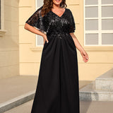 ever KIRA|Robe de soirée formelle à col en V avec manches cape et détails en sequins