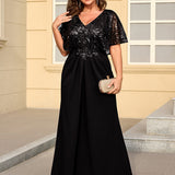 ever KIRA|Robe de soirée formelle à col en V avec manches cape et détails en sequins