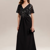 ever KIRA|Robe de soirée formelle à col en V avec manches cape et détails en sequins