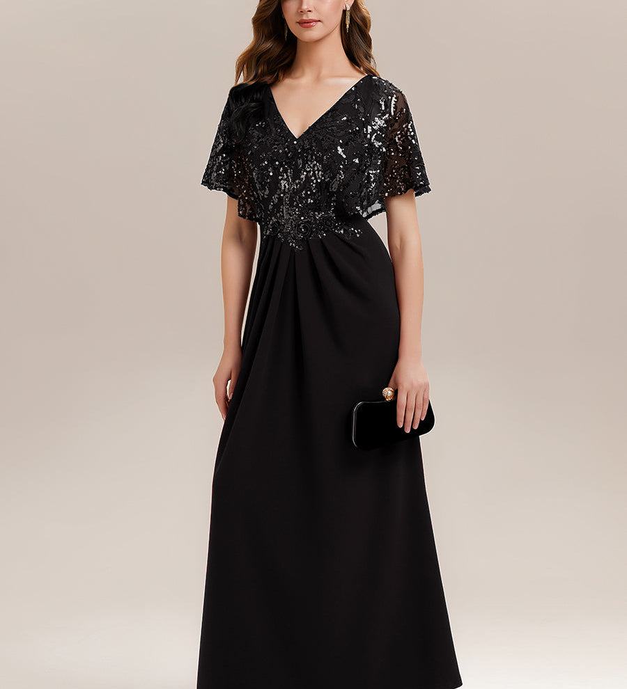 ever KIRA|Robe de soirée formelle à col en V avec manches cape et détails en sequins