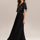 ever KIRA|Robe de soirée formelle à col en V avec manches cape et détails en sequins