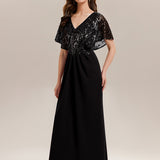 ever KIRA|Robe de soirée formelle à col en V avec manches cape et détails en sequins