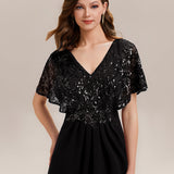 ever KIRA|Robe de soirée formelle à col en V avec manches cape et détails en sequins