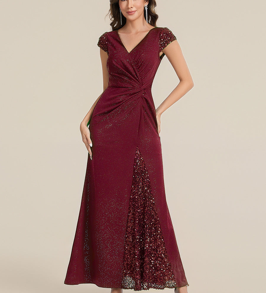 ever KAIA|Robe Moulante Stretch à Manches Courtes Col V Noué avec Sequins