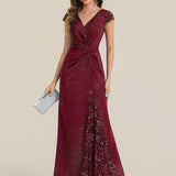 ever KAIA|Robe Moulante Stretch à Manches Courtes Col V Noué avec Sequins