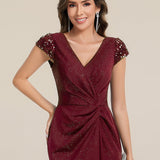 ever KAIA|Robe Moulante Stretch à Manches Courtes Col V Noué avec Sequins