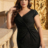 ever KAIA|Robe Moulante Stretch à Manches Courtes Col V Noué avec Sequins