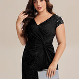 ever KAIA|Robe Moulante Stretch à Manches Courtes Col V Noué avec Sequins