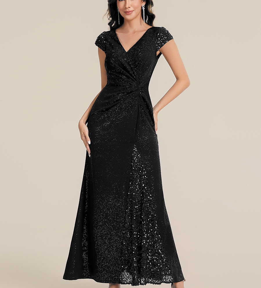 ever KAIA|Robe Moulante Stretch à Manches Courtes Col V Noué avec Sequins