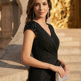 ever KAIA|Robe Moulante Stretch à Manches Courtes Col V Noué avec Sequins