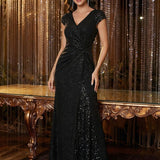 ever KAIA|Robe Moulante Stretch à Manches Courtes Col V Noué avec Sequins