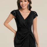 ever KAIA|Robe Moulante Stretch à Manches Courtes Col V Noué avec Sequins