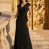ever KAIA|Robe Moulante Stretch à Manches Courtes Col V Noué avec Sequins