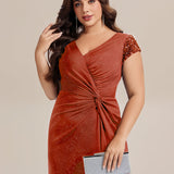 ever KAIA|Robe Moulante Stretch à Manches Courtes Col V Noué avec Sequins