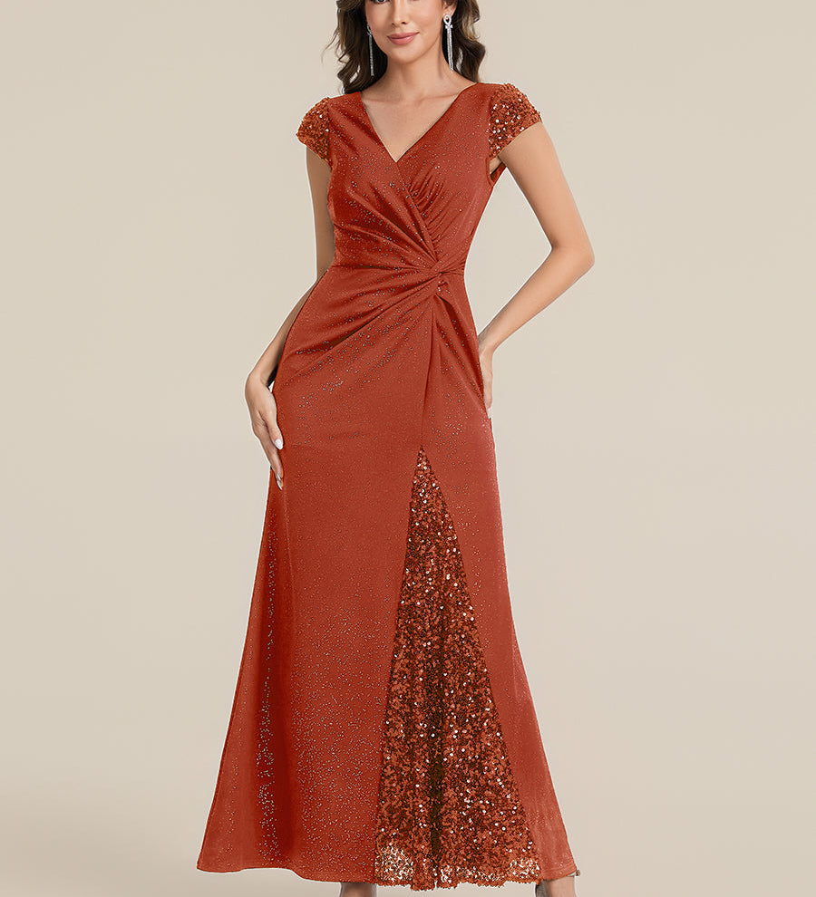 ever KAIA|Robe Moulante Stretch à Manches Courtes Col V Noué avec Sequins