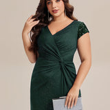 ever KAIA|Robe Moulante Stretch à Manches Courtes Col V Noué avec Sequins