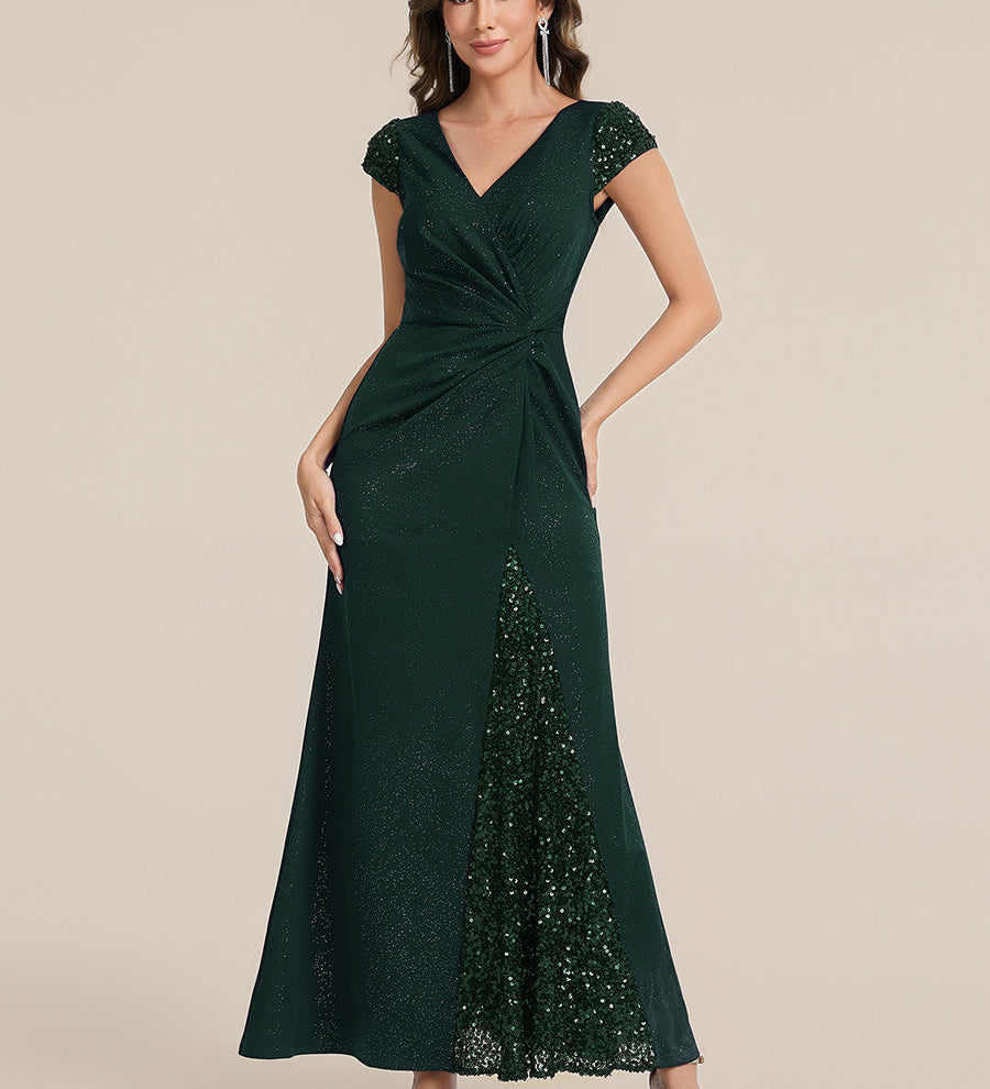 ever KAIA|Robe Moulante Stretch à Manches Courtes Col V Noué avec Sequins