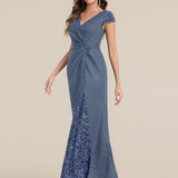 ever KAIA|Robe Moulante Stretch à Manches Courtes Col V Noué avec Sequins
