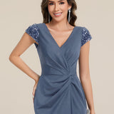 ever KAIA|Robe Moulante Stretch à Manches Courtes Col V Noué avec Sequins