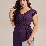 ever KAIA|Robe Moulante Stretch à Manches Courtes Col V Noué avec Sequins