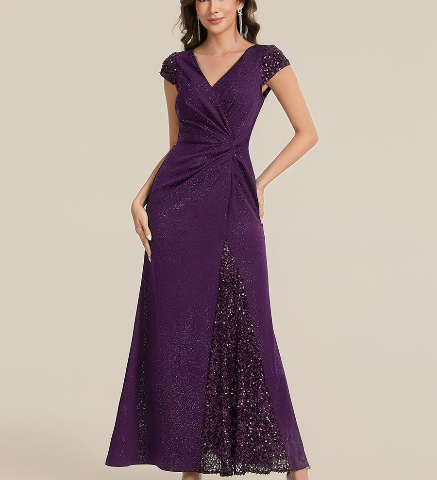 ever KAIA|Robe Moulante Stretch à Manches Courtes Col V Noué avec Sequins
