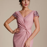 ever KAIA|Robe Moulante Stretch à Manches Courtes Col V Noué avec Sequins