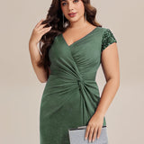ever KAIA|Robe Moulante Stretch à Manches Courtes Col V Noué avec Sequins