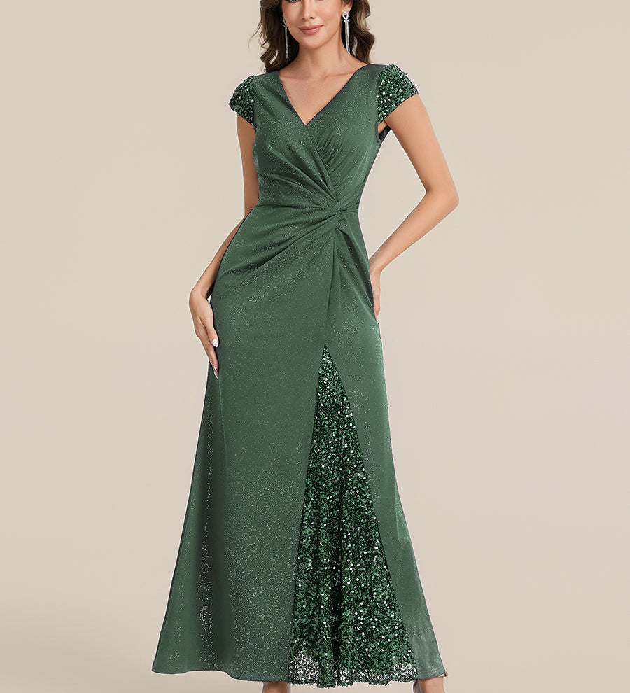 ever KAIA|Robe Moulante Stretch à Manches Courtes Col V Noué avec Sequins