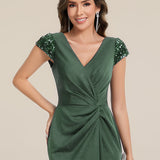 ever KAIA|Robe Moulante Stretch à Manches Courtes Col V Noué avec Sequins