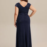 ever KAIA|Robe Moulante Stretch à Manches Courtes Col V Noué avec Sequins