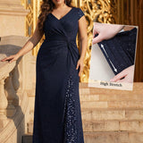 ever KAIA|Robe Moulante Stretch à Manches Courtes Col V Noué avec Sequins