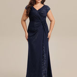 ever KAIA|Robe Moulante Stretch à Manches Courtes Col V Noué avec Sequins