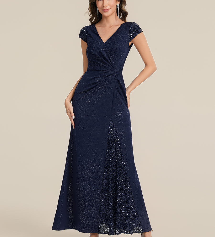 ever KAIA|Robe Moulante Stretch à Manches Courtes Col V Noué avec Sequins