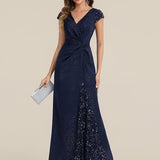 ever KAIA|Robe Moulante Stretch à Manches Courtes Col V Noué avec Sequins