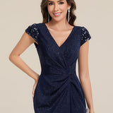 ever KAIA|Robe Moulante Stretch à Manches Courtes Col V Noué avec Sequins