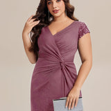 ever KAIA|Robe Moulante Stretch à Manches Courtes Col V Noué avec Sequins