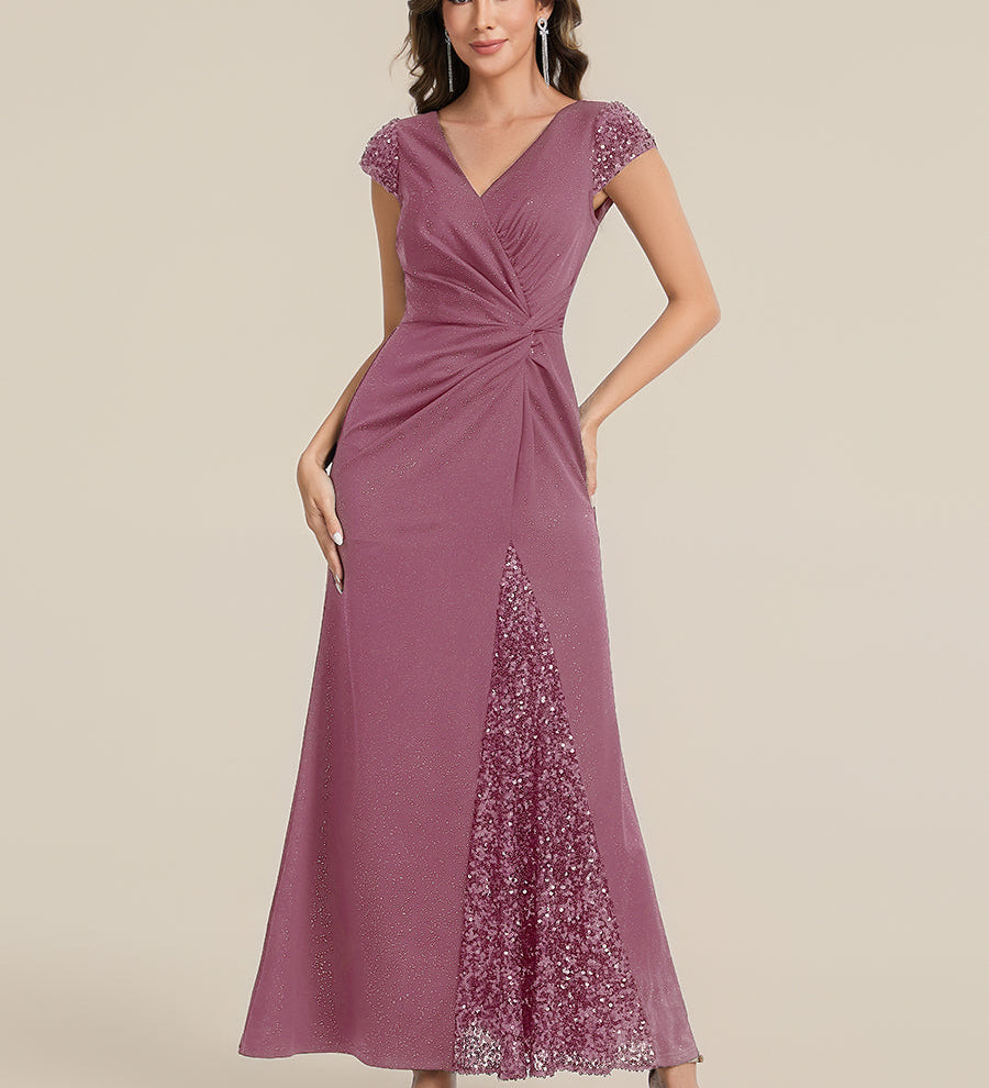 ever KAIA|Robe Moulante Stretch à Manches Courtes Col V Noué avec Sequins