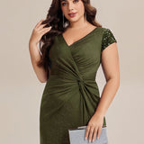 ever KAIA|Robe Moulante Stretch à Manches Courtes Col V Noué avec Sequins
