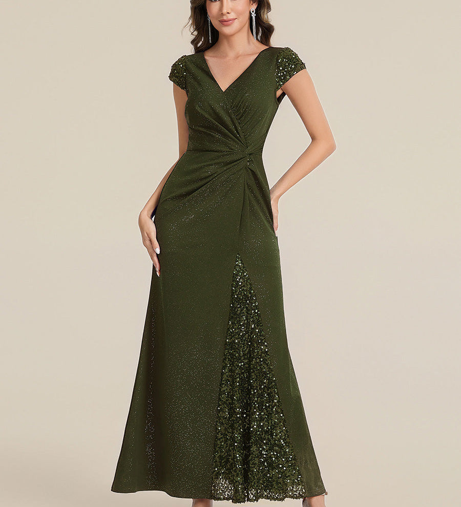 ever KAIA|Robe Moulante Stretch à Manches Courtes Col V Noué avec Sequins