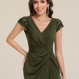 ever KAIA|Robe Moulante Stretch à Manches Courtes Col V Noué avec Sequins