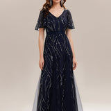 ever VEDA|Robe Longue à Manches Courtes à Volants Col V avec Détails en Sequins