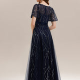 ever VEDA|Robe Longue à Manches Courtes à Volants Col V avec Détails en Sequins
